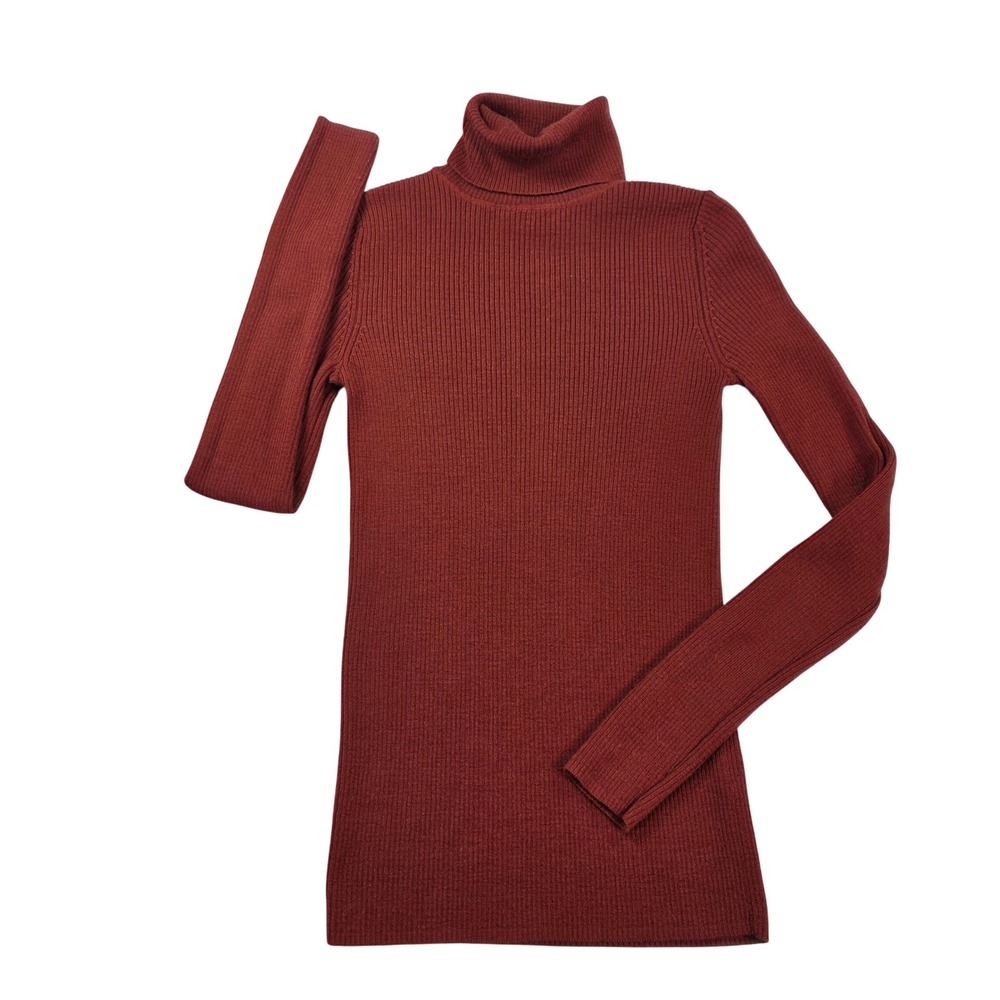 Uniqlo Ribbed 100% Wool Turtleneck Stretch Sweater Rust Red XS Womens Layering